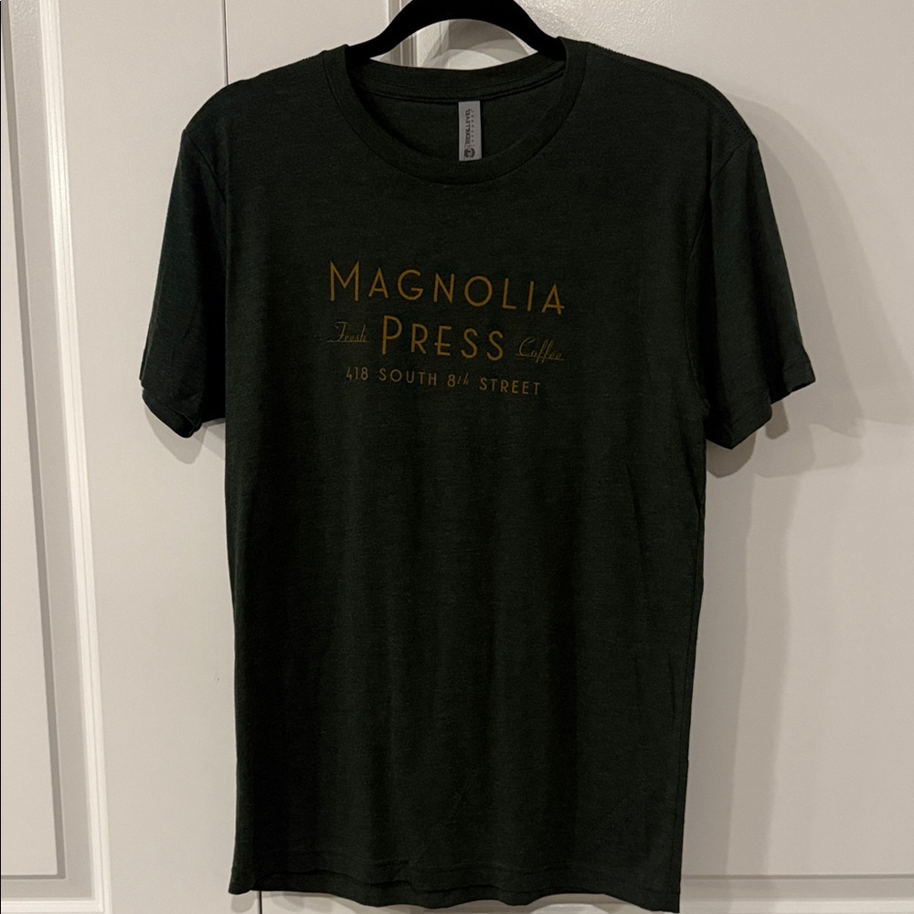 NWT Magnolia coffee Dark Green Tee with Gold Text size S